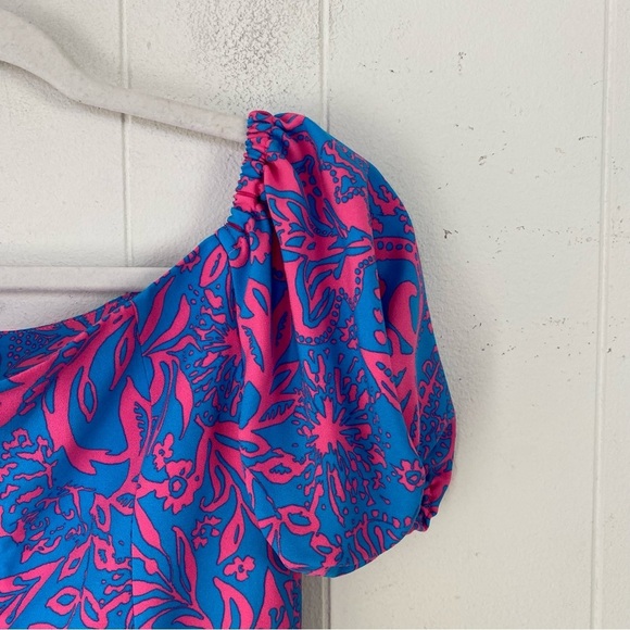 Lilly Pulitzer Jada Off-The-Shoulder Romper  Size 0 Pink Blue Missing Tie Waist - Picture 9 of 15